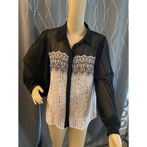 LC Lauren Conrad Blouse Top, Button Up, Cream & black, balloon sleeves. Size S